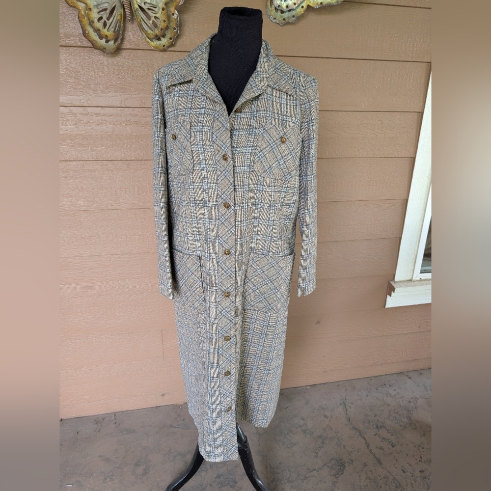 Vintage 1960s Designed by Mancini Plaid Long Jacket with Beautiful Gold Buttons